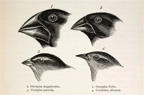 Historical illustration comparing the beak shapes of four Darwin's finch species