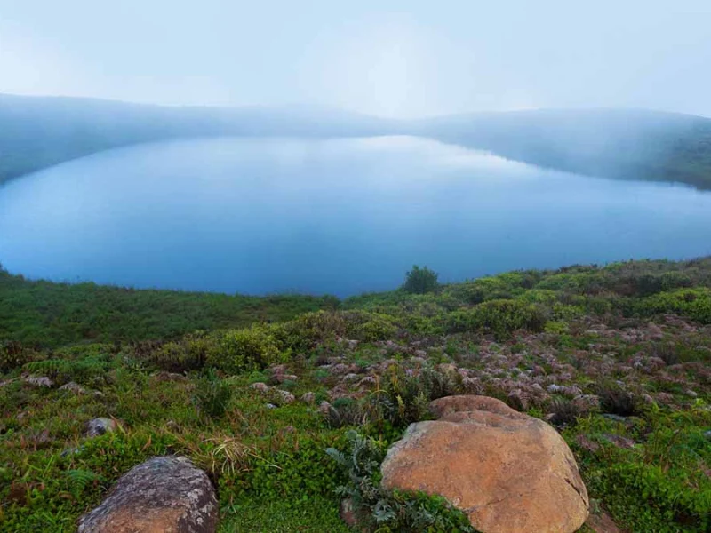 El Junco crater lagoon in the highlands of San Cristóbal Island, Galápagos