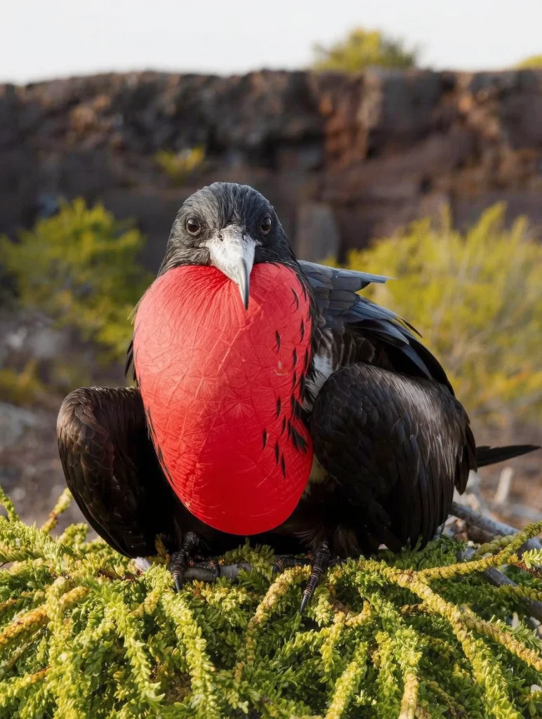 A male frigatebird displaying its inflated red throat pouch in the Galápagos