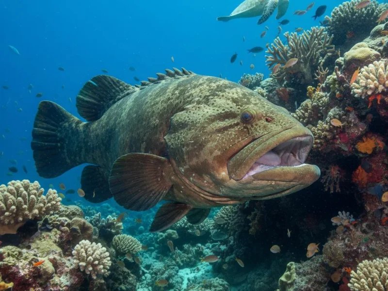 A large Galápagos grouper swimming over a coral reef with a sea turtle in the background