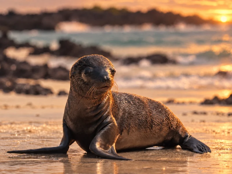 A Galápagos sea lion on the beach at sunset