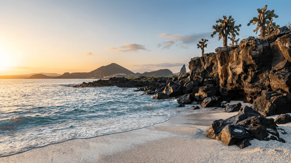 The rocky, cactus-lined coastline of Genovesa Island at sunset, Galápagos