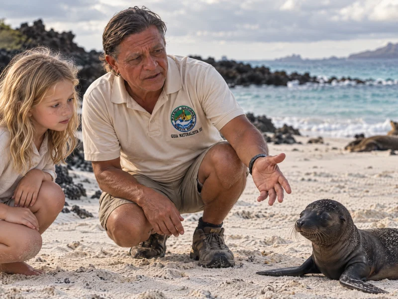 A naturalist guide and a young girl observing a sea lion pup on a Galápagos beach