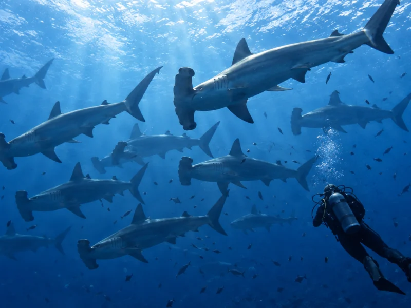 A large school of scalloped hammerhead sharks with a diver in the Galápagos