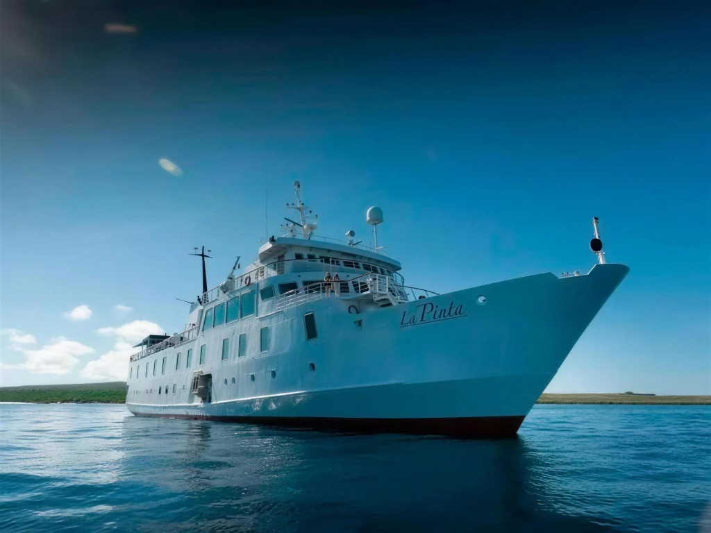 Yacht La Pinta anchored in calm blue water off a Galápagos island
