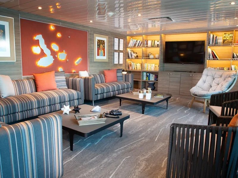 The Natural History Library and lounge aboard Yacht La Pinta