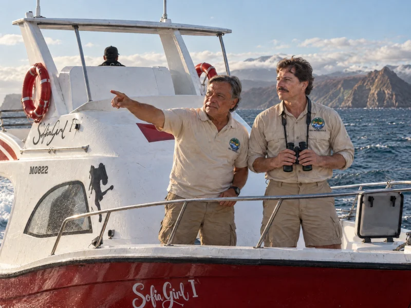 Two naturalist guides pointing toward the coastline from a boat in the Galápagos