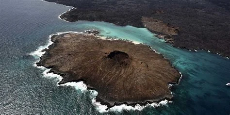 A volcanic tuff cone off the coast of Santiago Island, Galápagos