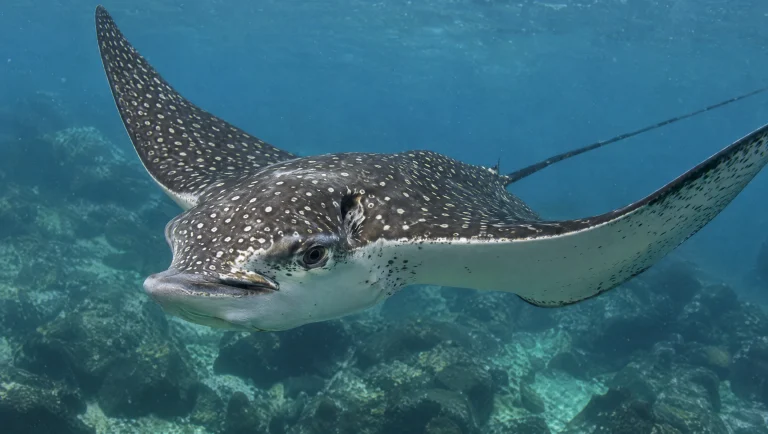 A spotted eagle ray swimming toward the camera in the Galápagos